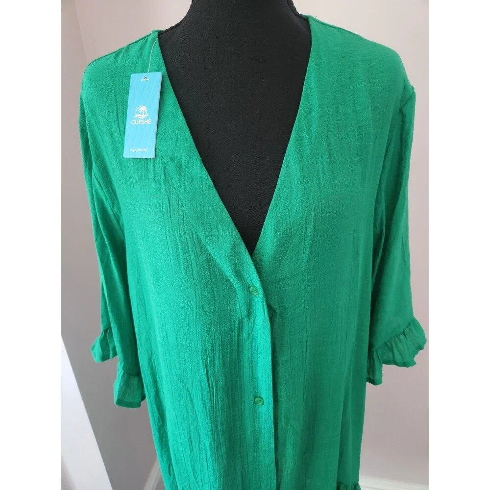 NWT Cupshe Emerald Green Ruffled Button-Front Cover-Up Dress Size Large